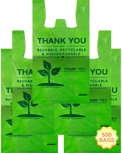 500 Count Recyclable Compostable 100% Biodegradable T-Shirt Bags, Eco-Friendly Grocery Shopping Bags, 11.5" x 6.25" x 21", 16 Mic
