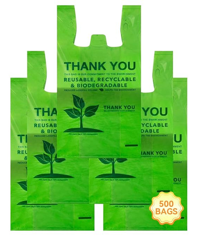 500 Count Recyclable Compostable 100% Biodegradable T-Shirt Bags, Eco-Friendly Grocery Shopping Bags, 11.5" x 6.25" x 21", 16 Mic