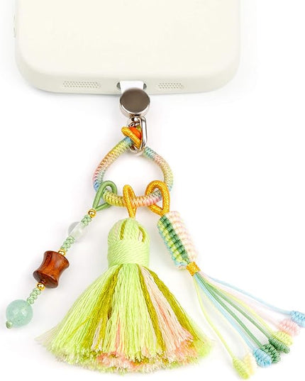 Boho Phone Charm with Tassel, Handmade Macrame Woven Phone Accessory, Cute Aesthetic Crystal & Wood Beaded Pendant Decoration for Cellphone, Bag, Keys