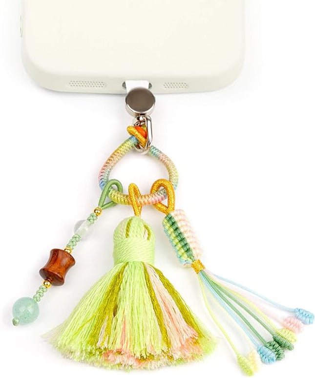 Boho Phone Charm with Tassel, Handmade Macrame Woven Phone Accessory, Cute Aesthetic Crystal & Wood Beaded Pendant Decoration for Cellphone, Bag, Keys