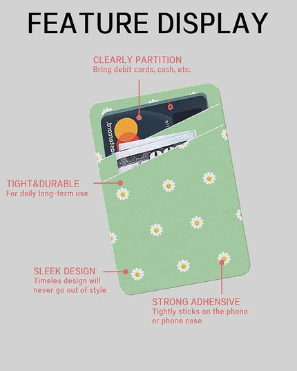 Phone Card Holder, Cute Leather Phone Wallet Stick On, Dual Pocket Credit Card Sticky Wallet, Compatible with Most of Cell Phone, Cute Daisy Flower