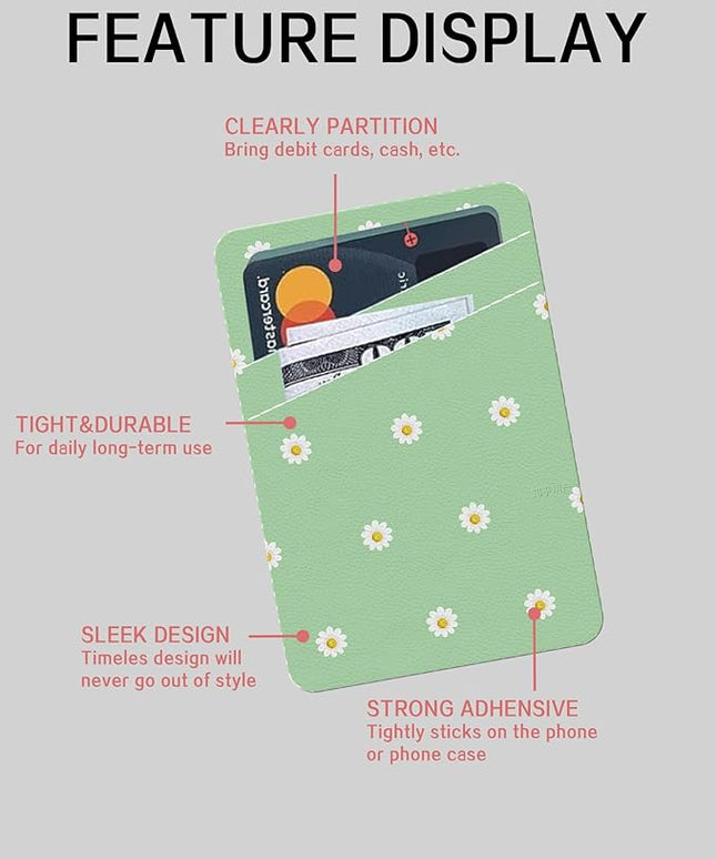 Phone Card Holder, Cute Leather Phone Wallet Stick On, Dual Pocket Credit Card Sticky Wallet, Compatible with Most of Cell Phone, Cute Daisy Flower