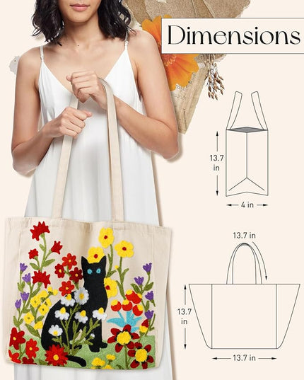 Aesthetic Embroidery Tote Bag for Women - Reusable Canvas Cute Shoulder Bag for Shopping, Grocery, Work, Book