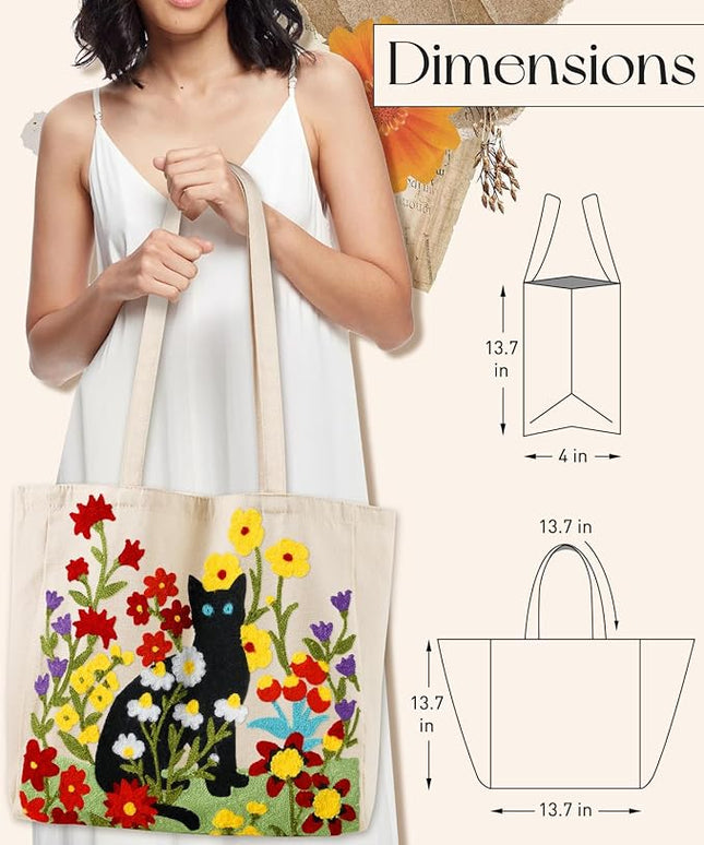 Aesthetic Embroidery Tote Bag for Women - Reusable Canvas Cute Shoulder Bag for Shopping, Grocery, Work, Book