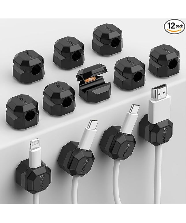 12 Pack Rotatable Cable Clips,Spring Cord Organizer Desk Cable Management Cord Holder Adhesive Phone Charger Cord Clips for Home Office Car Wall Nightstand Accessories Black