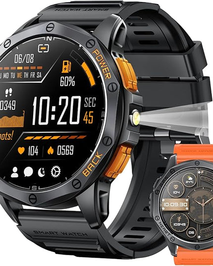 Military Smart Watches Built-in GPS, 170+ Sport Modes for Men with Flashlight, Smartwatch for Android Phones and iPhone, 1.43" AMOLED Screen Bluetooth Call Compass Altimeter (Black & Orange (2 Bands))
