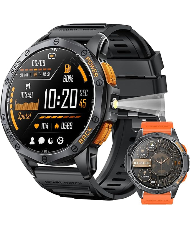 Military Smart Watches Built-in GPS, 170+ Sport Modes for Men with Flashlight, Smartwatch for Android Phones and iPhone, 1.43" AMOLED Screen Bluetooth Call Compass Altimeter (Black & Orange (2 Bands))