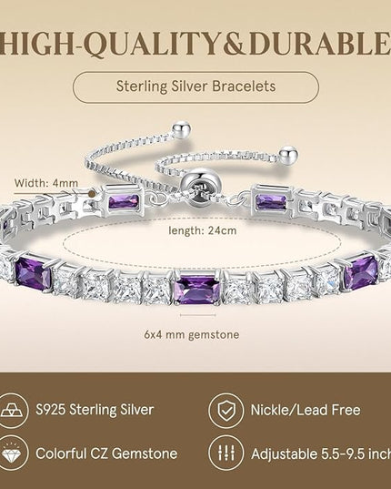 FANCIME Birthstone Bracelet for Women, Sterling Silver 4x6mm Gemstone Tennis Bracelet Bolo Adjustable Chain Fine Jewelry Birthday Gifts for Women Mom Wife Her