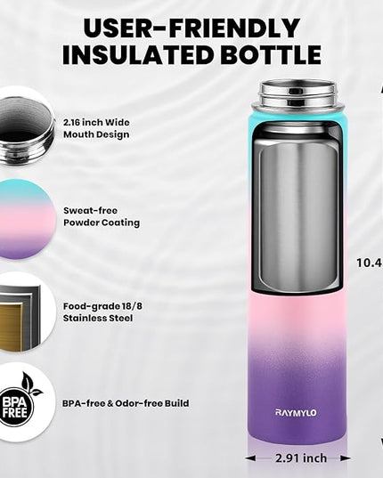 Insulated Water Bottle 24oz, Triple Wall Vacuum Stainless Steel (Cold for 48 Hrs, Hot for 24Hrs), Leak Proof & Non-BPA, 24oz Hydro Water Flask with Paracord Handle & Straw Spout Lids