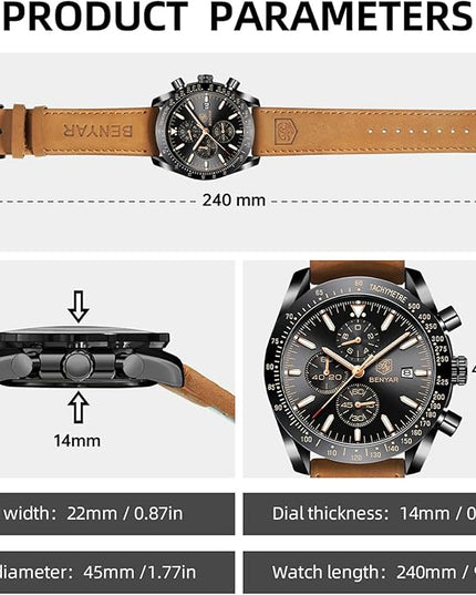 BY BENYAR Watch for Men Analog Quartz Chronograph Waterproof Luminous Designer Mens Wrist Watches Business Work Sport Casual Dress Watch with Silicone Strap Elegant Gifts for Men