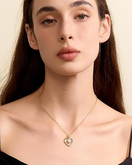 Beam & Bask Moissanite Heart Pendant Necklaces for Women, Engraved with LOVE, Sterling Silver Plated with 18K Gold, Anniversary and Birthday Jewelry for Wife, Girlfriend, Mom, or Her