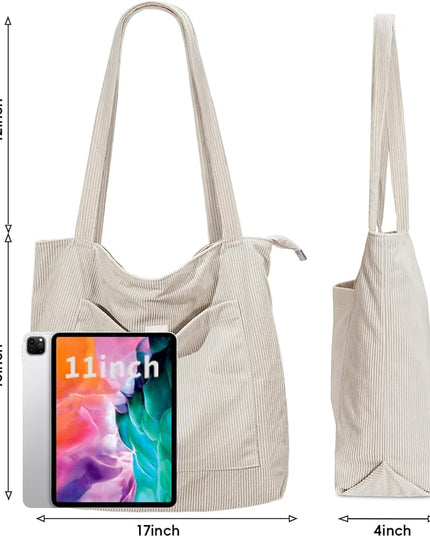 Iioscre Corduroy Tote Bag for Women,Hobo HandBags with Zipper,Large Capacity Casual Shoulder Handbags with Inner Pockets