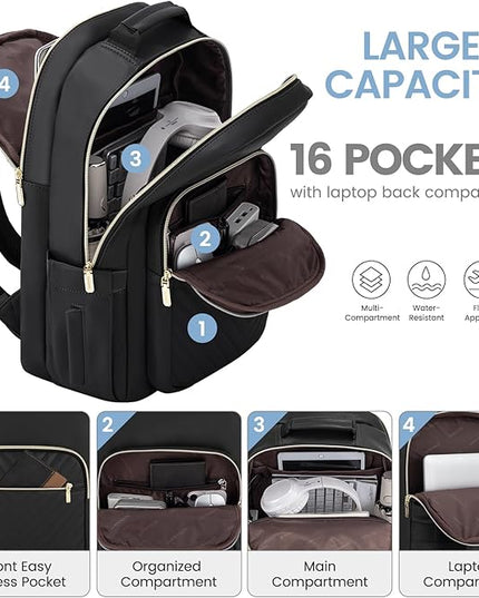 LOVEVOOK Leather Backpacks for Women,17.3 inch Leather Laptop Backpack Women Computer Backpack Laptop Bag,Stylish Quilted Travel Backpack Purse Work Bag College Teacher Backpacks with USB Port,Black