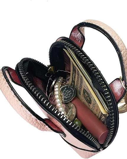 Cute Genuine Leather Keychain Coin Purse for Women with Tassels Mini Change Pouch Brown (Pink)