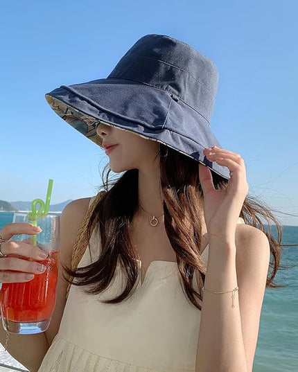 HUAMULAN Women Summer Sun Hat Wide Brim Wired Edge Floral Beach Bucket Hats Reversible Foldable Travel UV Protection Lady Hat