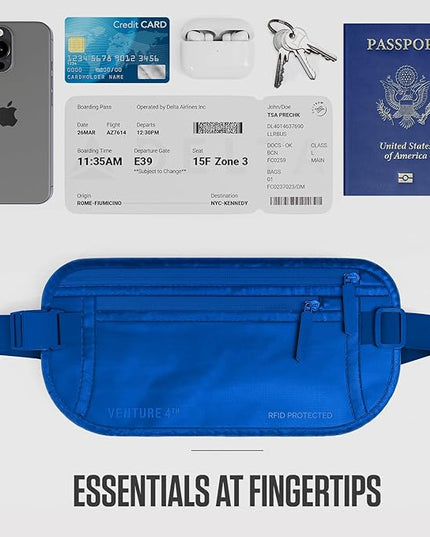VENTURE 4TH Money Belt for Travel – Hidden Under-Clothes RFID Blocking Passport Holder & Slim Travel Wallet Pouch for Men & Women to Protect Cash, Cards & Documents (Sleek Blue)