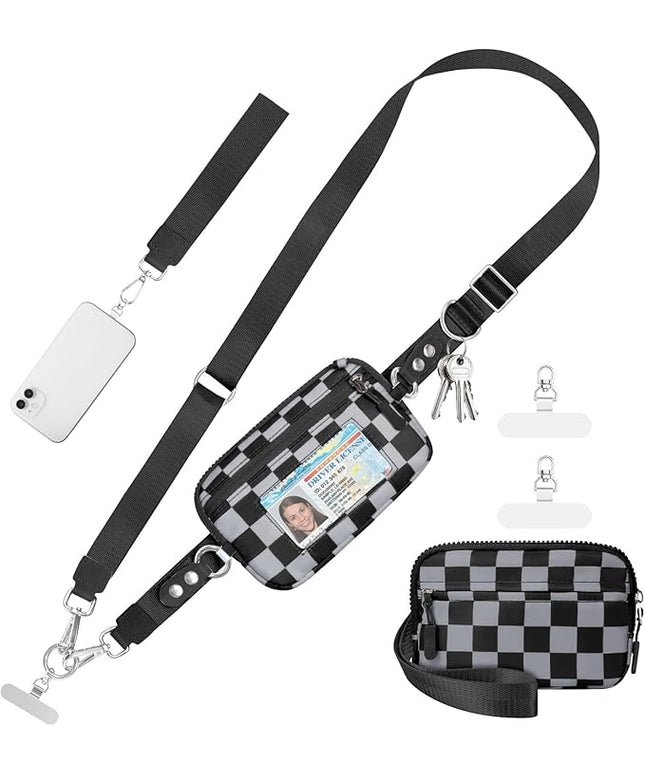 Clip and Go Strap for Phone with Wallet Crossbody Phone Lanyard and Detachable Checkered Bag with ID Window and RFID Pouch for Daily Travel.