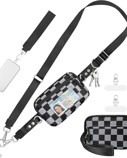 Clip and Go Strap for Phone with Wallet Crossbody Phone Lanyard and Detachable Checkered Bag with ID Window and RFID Pouch for Daily Travel.