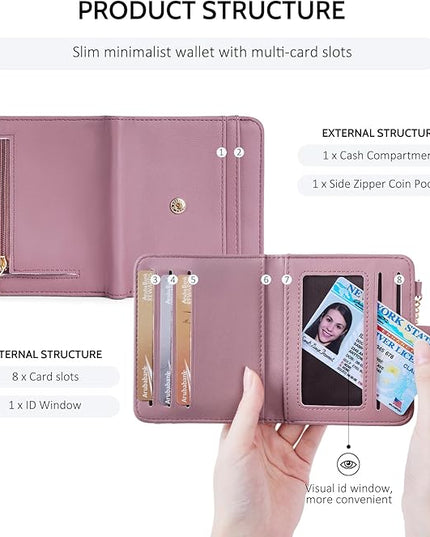 POIUGOYA Slim Wallet for Women,RFID Blocking Bifold Credit Card Holder with Zipper Coin Pocket,ID Window,Keychain