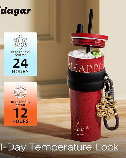 24 oz Tumbler with Lid and Straw, Insulated Coffee Mug Leak Proof, Portable Iced Travel Water Bottle, Reusable Thermal Coffee Cup, Gifts for Women, Red