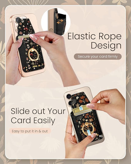 Shorogyt Compatible with Magsafe Wallet with Grip Magnetic Card Holder - Cute Phone Wallets with Ring Stand Grip for iPhone 17/16/15/14/13/12 Series for Women Girls Black Leaves Design, Fit 7 Cards