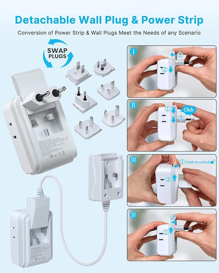 Universal Travel Adapter Kit, VINTAR 35W 5FT Detachable Extension Cord with 4 AC and 3 USB Ports(2 USB-C), Type A, C, D, G, I, M International Power Adapter for EU/India/South Africa