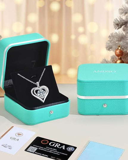 ANDSO Moissanite Heart Pendant Necklaces for Women, 925 Sterling Silver Necklace Engraved with 'I LOVE YOU', Ideal Anniversary Birthday Christmas Jewelry Gifts for Mom Wife Girlfriend Daughter Her