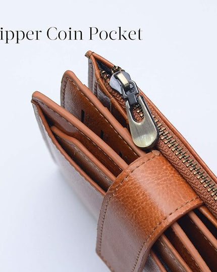 Bveyzi Women's Small Leather RFID Blocking Bifold Zipper Pocket Wallet Ladies Credit Card Slots Purse with id Window