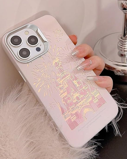 for iPhone 14 Plus Case - Deluxe Fashion Pink Case with Laser 3D Fireworks Castle Design, PC+TPU Shockproof and Drop Resistant for Women and Girls 6.7