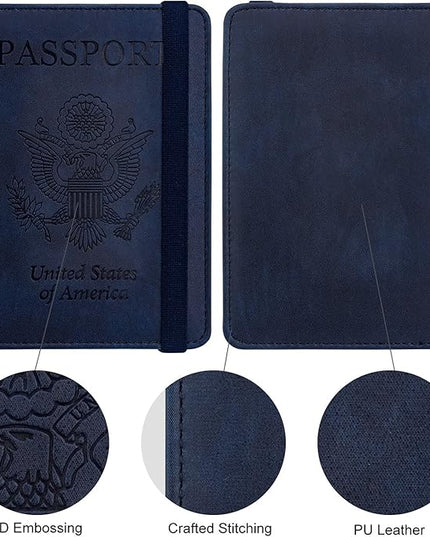WALNEW Passport Holder for Travel, RFID Passport Cover Wallet for Women Men, PU Leather Passport Book Card Holder Case with Pen (Upgraded, Upgraded-Navy Blue)