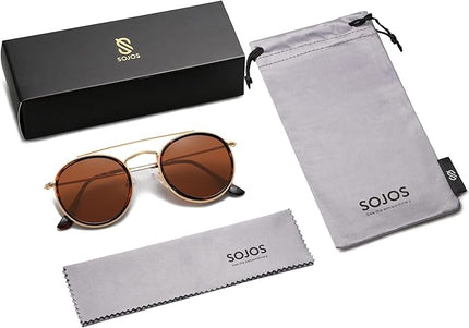 SOJOS Retro Vintage Round Polarized Sunglasses for Women Men Small Double Bridge Circle Sunnies SJ1104