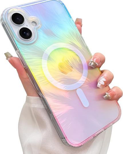 Glitter Case for iPhone 17 Case for Women Girls [ Compatible with Magsafe ] Clear Cute Aesthetic Girly Iridescent Feather Sparkly Bling Magnetic Phone Cover, Gradient Blue & Pink