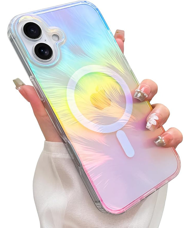 Glitter Case for iPhone 17 Case for Women Girls [ Compatible with Magsafe ] Clear Cute Aesthetic Girly Iridescent Feather Sparkly Bling Magnetic Phone Cover, Gradient Blue & Pink