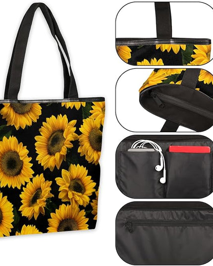 Pardick Canvas Tote Bags, Sunflower Floral Tote Bag Eco Friendly Reusable Grocery Shopping Bagsfor Beach, Books, Women with Zipper Inner Pocket