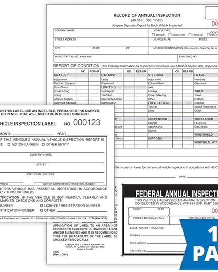 J. J. Keller 10-Pack, Record of Annual Inspection Form with Inspection Label & Prenumbered Vinyl Adhesive Label 2-Ply, 2-Ply Carbonless Form, DOT Compliant