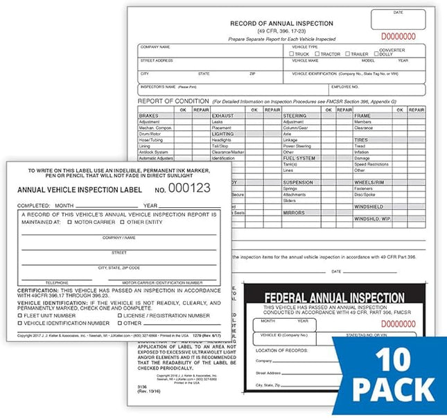 J. J. Keller 10-Pack, Record of Annual Inspection Form with Inspection Label & Prenumbered Vinyl Adhesive Label 2-Ply, 2-Ply Carbonless Form, DOT Compliant
