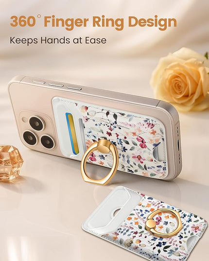 Shorogyt Compatible with Magsafe Wallet Magnetic Card Holder - Phone Wallets with Ring Grip Stand Cute Fashion for iPhone 17/16/15/14/13/12 Series for Women Girls Wild Flower Design, Fit 3 Cards