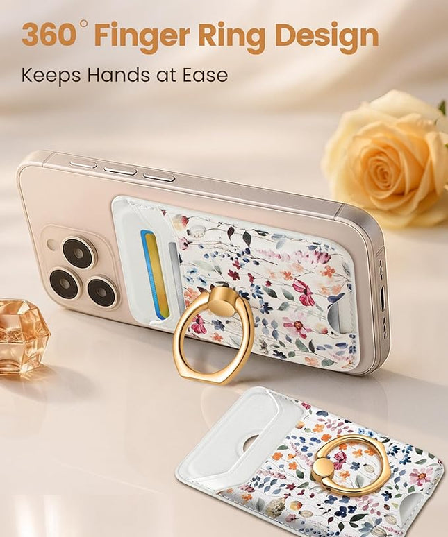 Shorogyt Compatible with Magsafe Wallet Magnetic Card Holder - Phone Wallets with Ring Grip Stand Cute Fashion for iPhone 17/16/15/14/13/12 Series for Women Girls Wild Flower Design, Fit 3 Cards