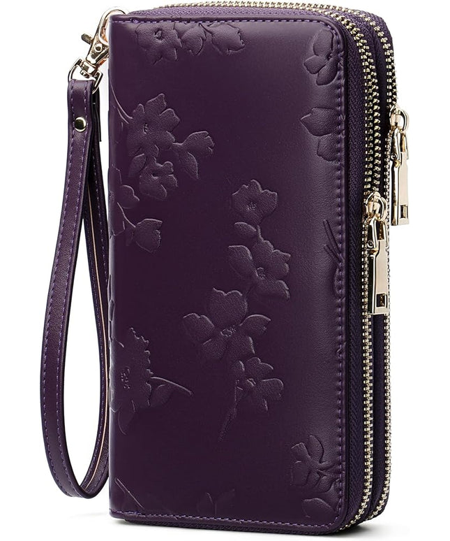 yiijay Womens Wallet RFID Blocking Large Capacity Leather Double Zip Wristlet Wallet Credit Card Phone Holder Ladies Clutch