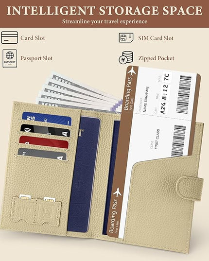 Genuine Leather Passport Holder for Women Men, Hidden Airtag Pocket, RFID Blocking, Zippered Coins Pocket & Cash Compartment Travel Gifts Essentials Passport Cover Case - Warm Grey