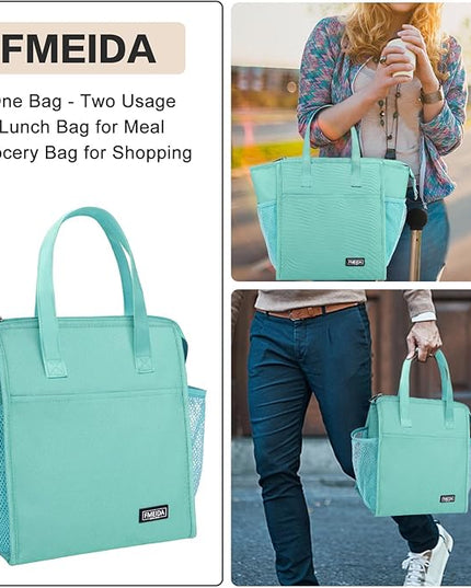 Fmeida Insulated Lunch Bag Women, Leakproof Womens Lunch Bag, Thermal Adult Lunchbag with Front Side Pockets, Reusable Lunch Bag for Office Work Travel Picnic Large Mint Blue