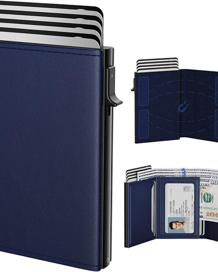 typecase Mens Wallet Card Holder: Pop Up Aluminum Case, Premium Genuine Leather, Smart, RFID Blocking, Slim, Minimalist, Front Pocket - 9-14 Card Capacity | ID Window | Cash Slot (Navy)