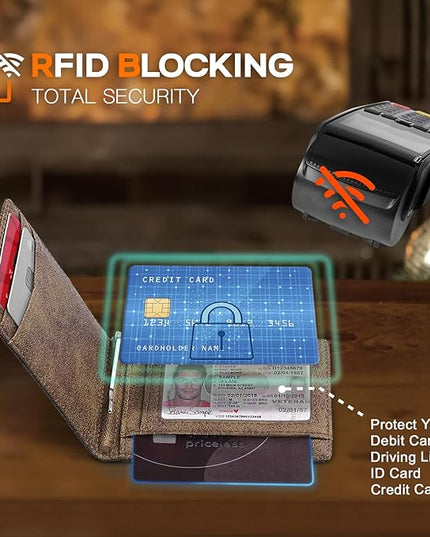 RUNBOX Slim Wallet for Men Genuine Leather RFID Blocking Bifold Minimalist Front Pocket Mens Wallet with Money Clip Thin Gift Box