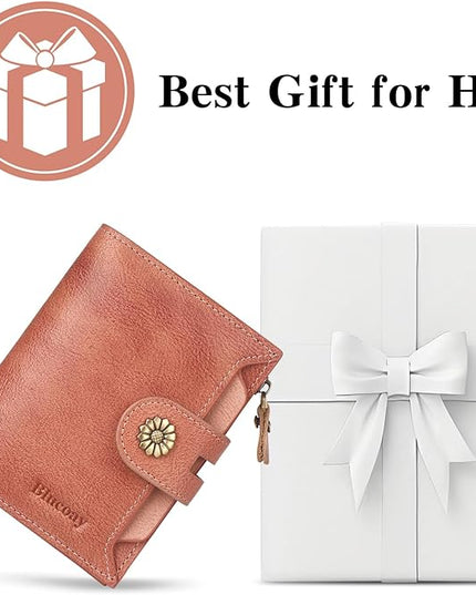 Blucoay Wallet Women,RFID Blocking Leather Womens Wallet Bifold Compact Card Holder Small Wallet for Women with Removable ID Window Pink