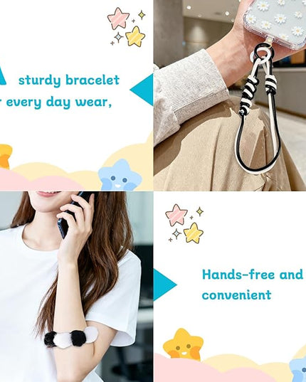 2 Pcs Phone Charm Wrist Strap with Tether Tab, Double Anti Lost Fluff Ball Beaded Wrist Lanyard, Detachable Leather Phone Charms for Bag, Key Chains, Camera Decor