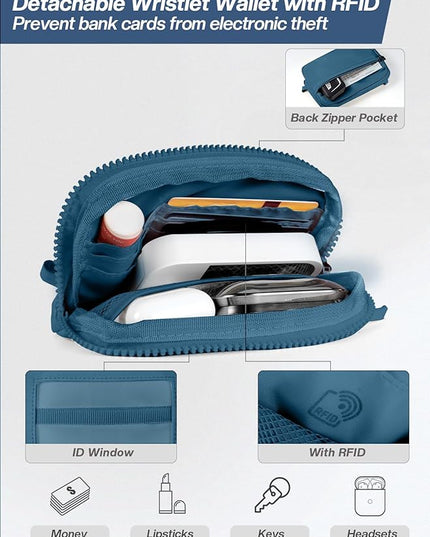 Clip and Go Strap for Phone with Wallet Crossbody Phone Lanyard Adjustable and Detachable RFID Wristlet Wallet with ID Window and Zipper, Blue