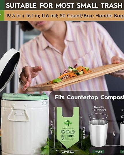 Compostable Trash Bags 1.2-1.6 Gallon Handle Tie 50 Count 0.6 Mil 6.06 Liter Small Compost Bags for Countertop Bin Biodegradable Bags Green for Kitchen ASTM D6400 & BPI Certified, OK Compost Home