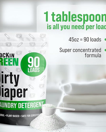 Rockin' Green Laundry Detergent, Plant based, All Natural Laundry Detergent Powder, Vegan and Biodegradable Odor Fighter, Safe for Sensitive Skin (Baby Cloth Diaper 90 Loads Unscented)