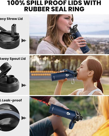 Insulated Water Bottle 20 oz, Triple Wall Vacuum Stainless Steel (Cold for 48 Hrs), Leak Proof & Non-BPA, Kids Water Bottle Jug for School with Straw Spout Lids, Navy Blue