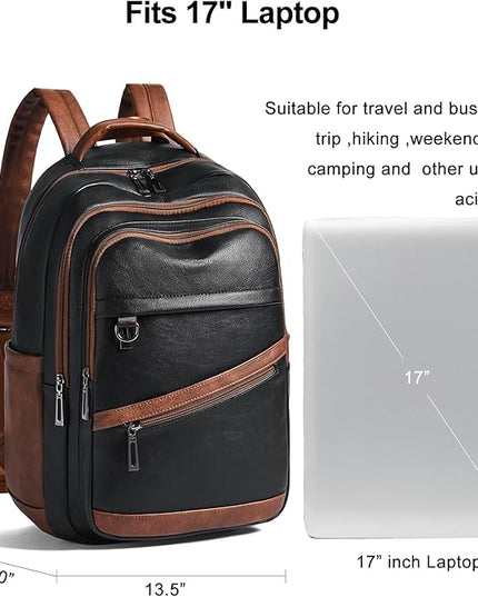 43L Backpack for Women Men - Vegan Leather Backpack Purse Travel Carry-on Bag College Bookbag Work fits 17" Laptop,Black&Brown